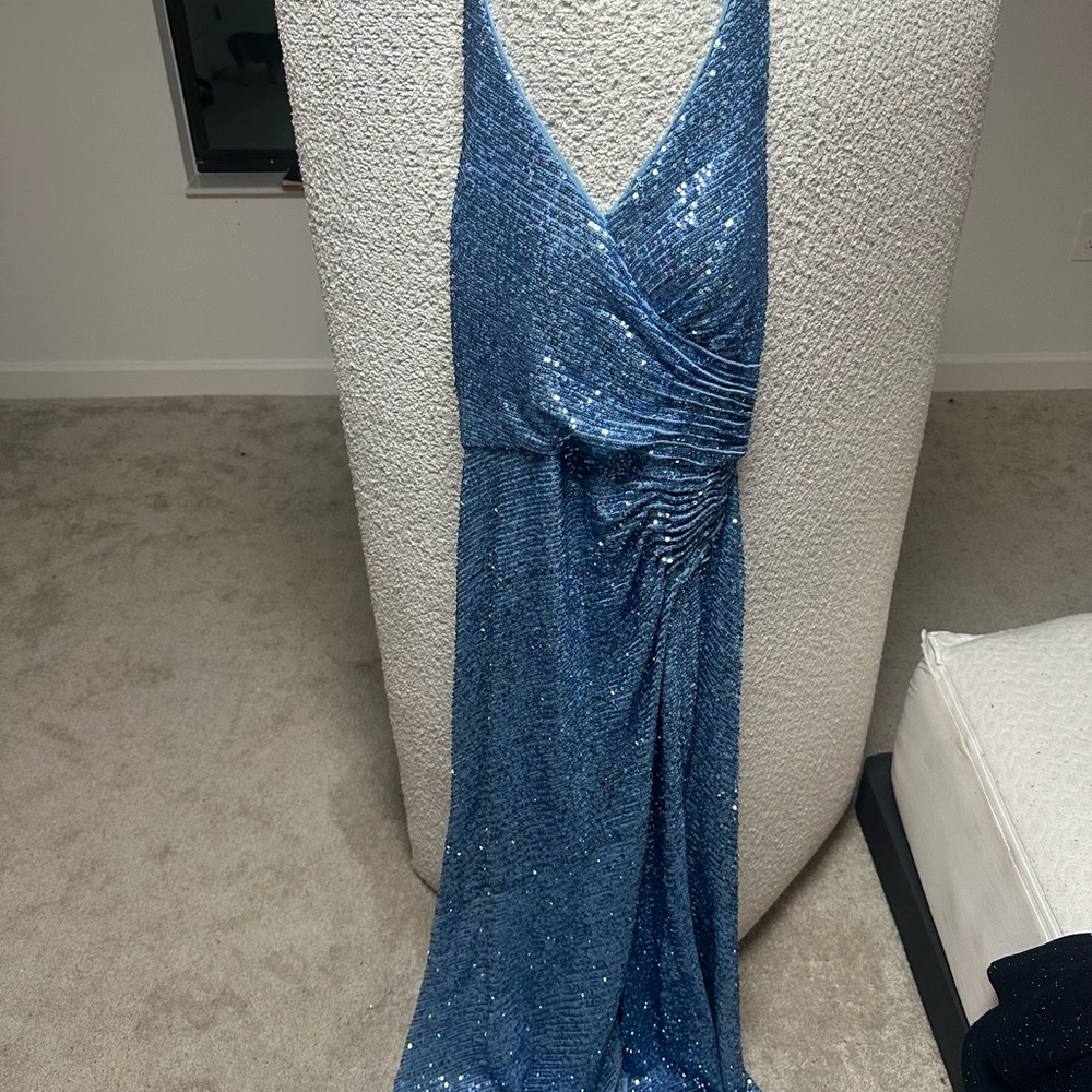 Morgan & Co Elegant Light Blue Sequin Halter Top Evening Dress